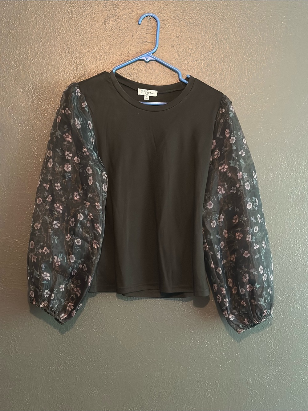Polagram Black Top with Sheer Floral Puff Sleeves